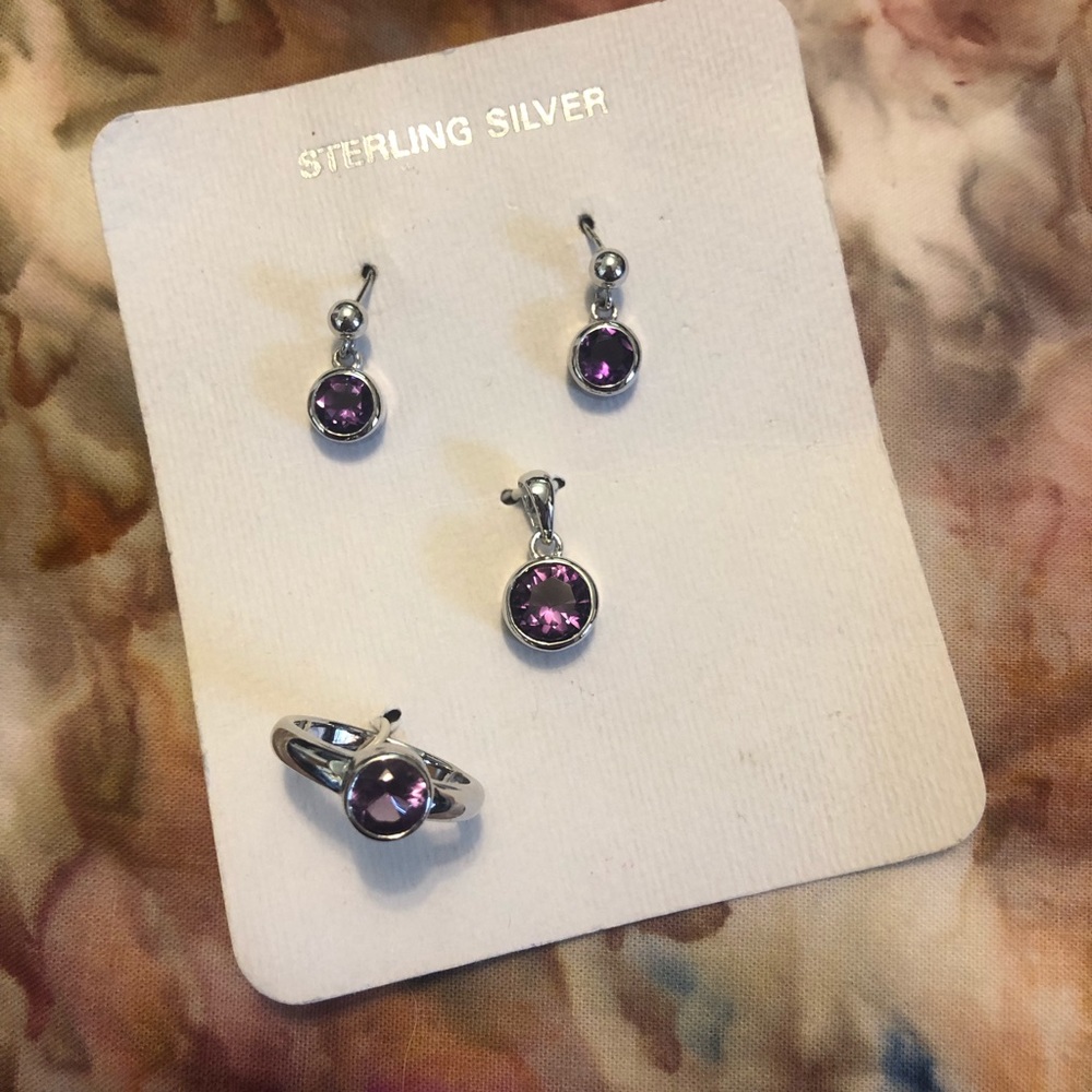 Amethyst jewelry set ring, earrings, & pendant